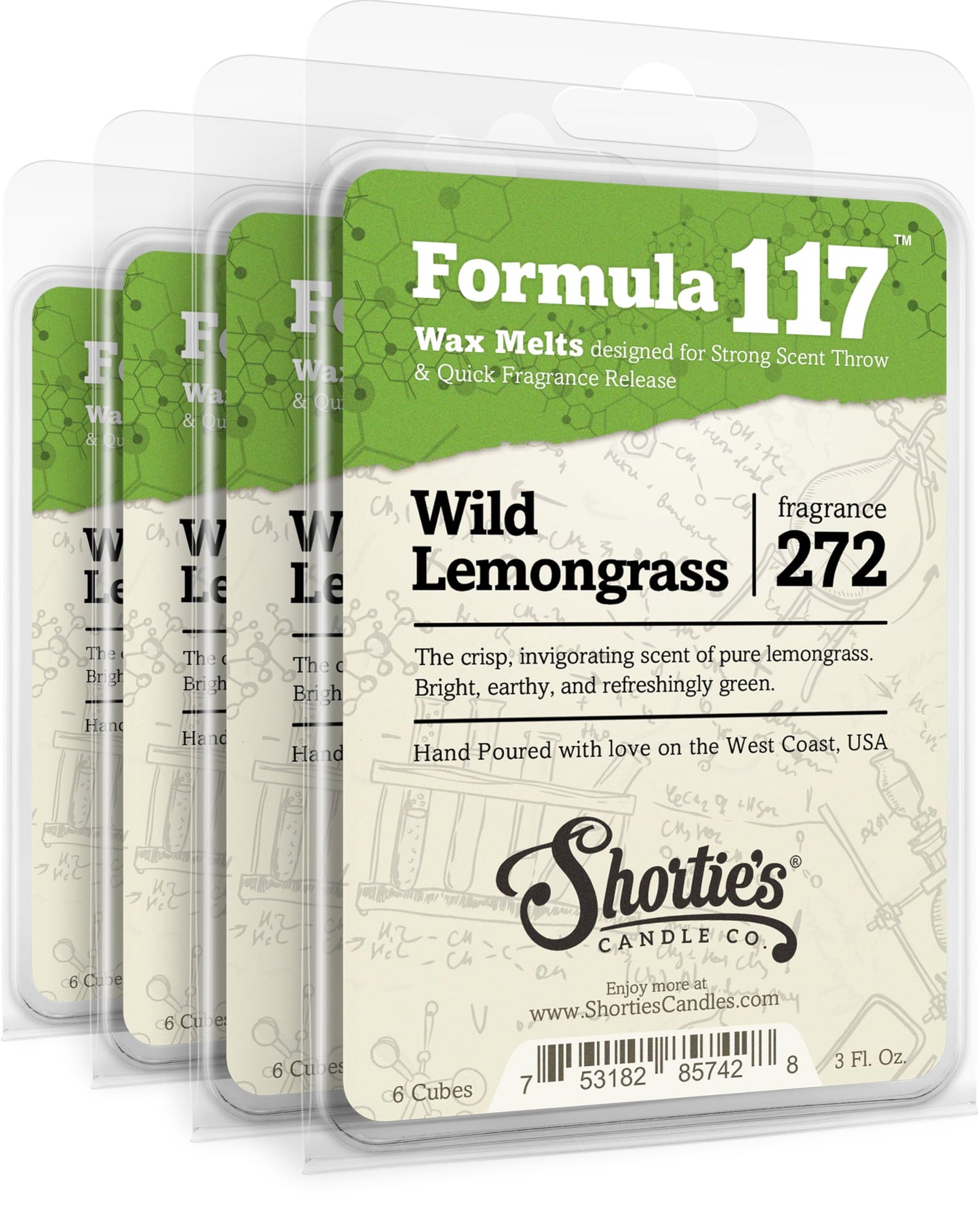 Shortie's Candle Company Wild Lemongrass Premium Wax Melts 4 Pack - 12 Oz., Strong & Long Lasting, Non-Toxic - Made with Essential & Natural Oils - Formula 117