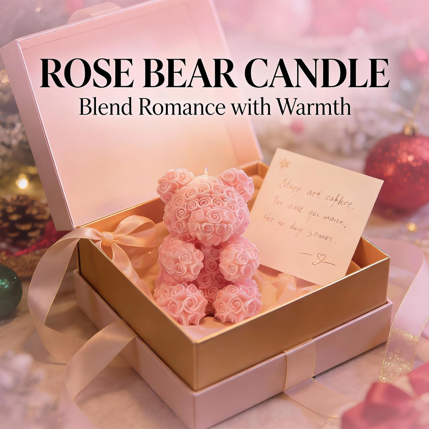 Cute Bear Shape Scented Candle,150G Rose Flower Clusters Aesthetic Handmade Soy Wax Aroma Decorative Candle for Table Photo Prop Wedding Birthday,Prefect Gift for Meditation Stress (Pink Bear)