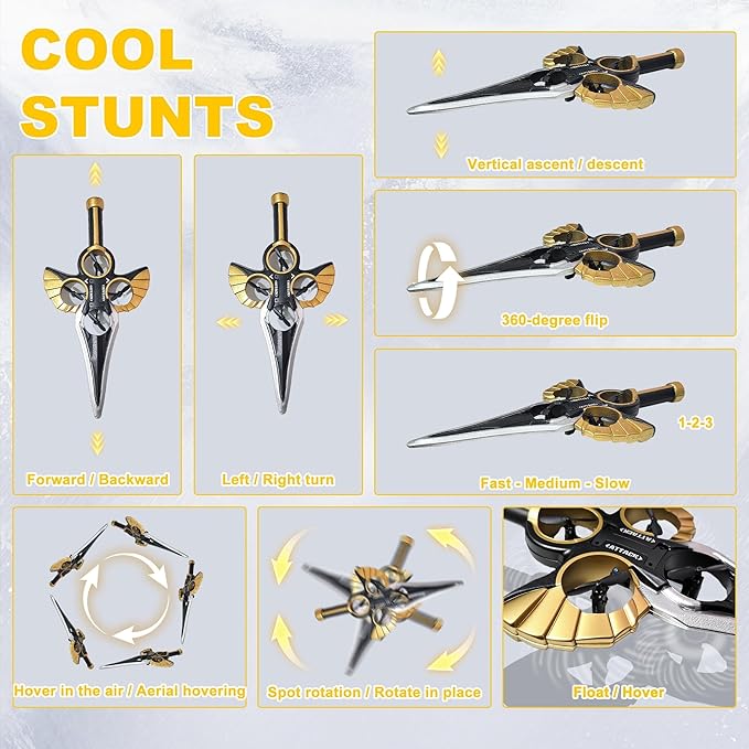 Flying Sword RC Airplane Gesture Control Airplane for Kids Adult 8-16 Remote Control Drone Sword with Light 360° Flip Gravity Sensing Stunt Roll Gifts for Kids Boys Girls Gold