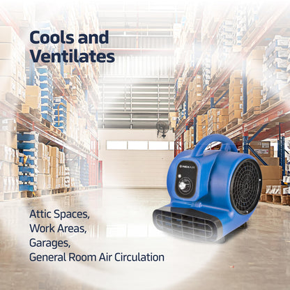 NEXAIR 1/4 HP High-Velocity Industrial Carpet Dryer 3 Speed, Powerful Air mover blower Adjustable angle, Floor drying fan, Dries, Cools, and Ventilates Attic Spaces, Work Areas, Garages