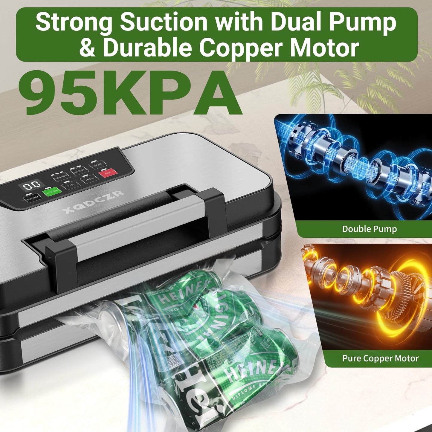 95kPa Vacuum Sealer Machine, Powerful Double Pump 10-in-1 Food Sealing System with Double Heat Seal, Built-in Cutter & Bag Storage, Easy-Lock Handle, Hose, 2 Bag Rolls, Durable Stainless Steel Design