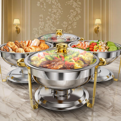 6QT Chafing Dishes for Buffet, 4 Pack Round Stainless Steel Chafing Dish Set, Chafers and Buffet Warmers Sets with Glass Lid, Food Warmers for Parties, Catering, Wedding (Sliver & Gold)