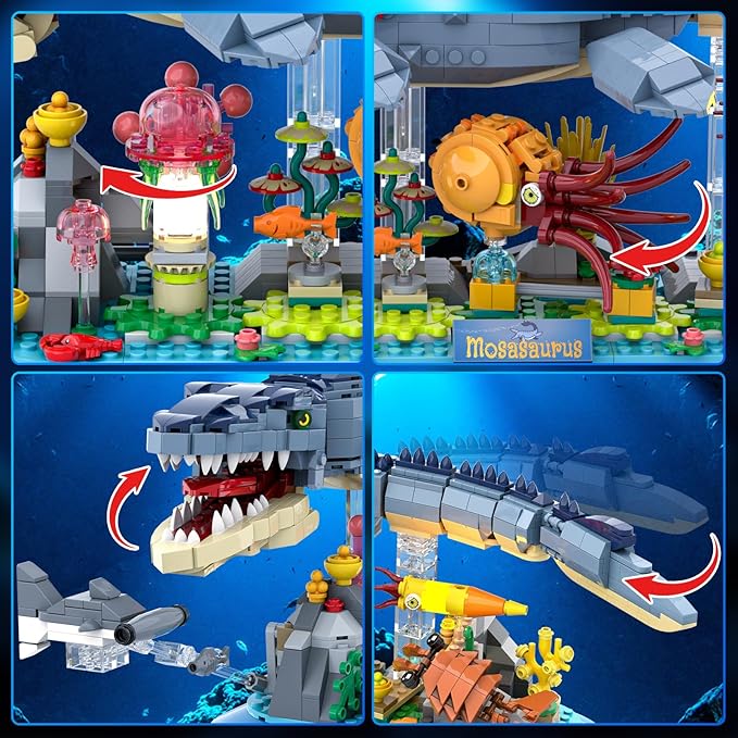 Mosasaurus Building Set with LED Light 1219 PCS Movable Ocean Animal Building Block Toy with Nautiluses Jellyfish Squid Coral Reef Ancient Reptile Home Decor Gift for Adults Teens Boys 12+