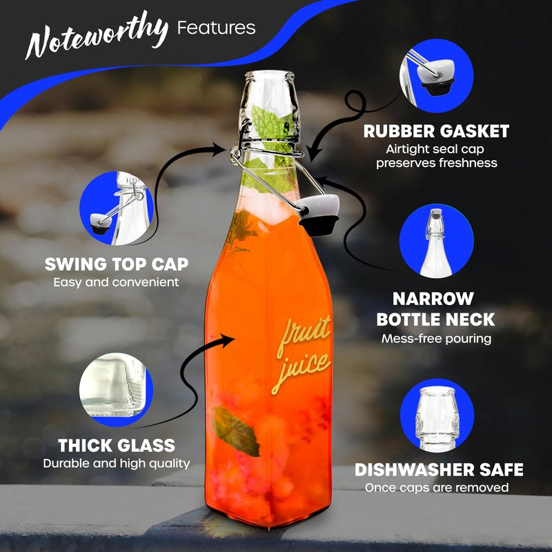 Nevlers 17 Oz Square Flip Top Glass Bottle with Lid 6 Pack | Swing Top Glass Bottles with Airtight Lids, Funnel, Brush & Gold Marker | Coquito Bottles with Caps | Juice, Extract & Syrup Container Set