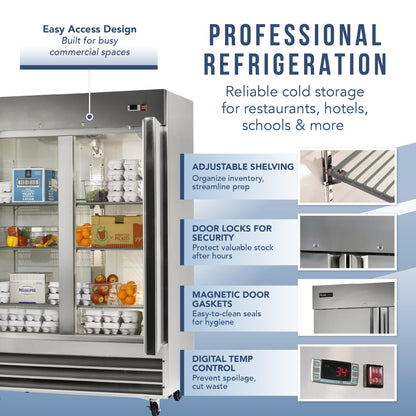 PEAKCOLD Double Door Commercial Refrigerator, 47 Cu. Ft., 54" W Stainless Steel Reach-In Upright Refrigerator, Adjustable Shelves, Auto Defrost, Digital Thermostat, Freestanding Industrial Fridge