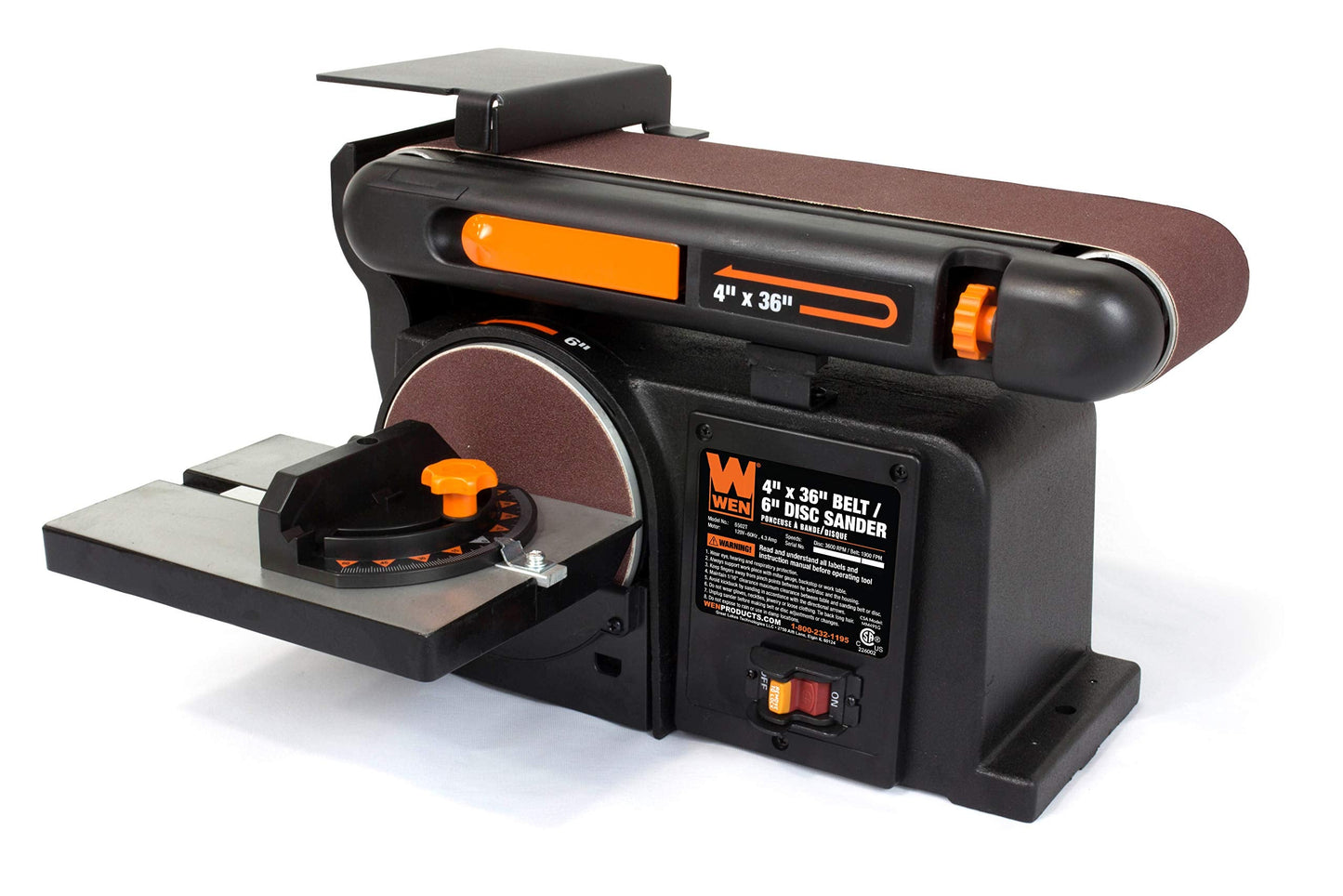 WEN BG625V 2.5-Amp 6-Inch Variable Speed Bench Grinder with Flexible Work Light, Black & 6502T 4.3-Amp 4 x 36 in. Belt and 6 in. Disc Sander with Cast Iron Base
