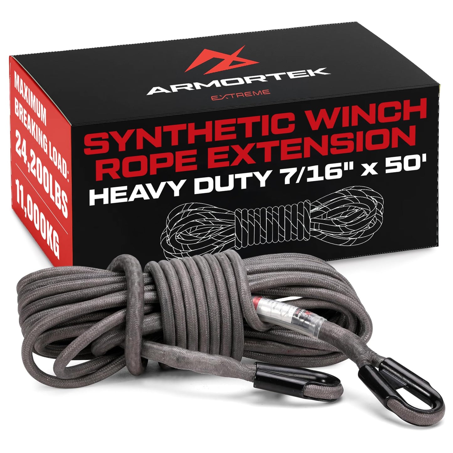 Armortek Extreme Synthetic Rope Winch Heavy Duty Tow Rope, 7/16" x 50' Winch Cable, 11000KG Load – Ultimate Winch Rope Kit, for Car, Truck