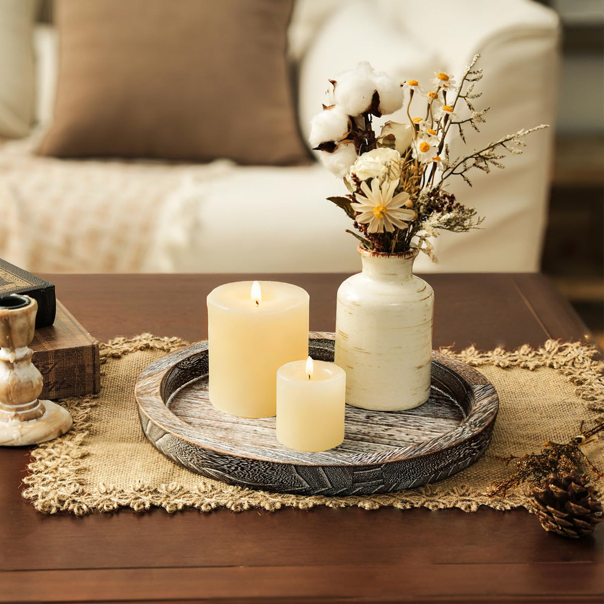 Wooden Decorative Tray Candle Holder: Romadedi Round Wood Tray Home Decor, Whitewash Rustic Trays for Farmhouse Dinning Table Kitchen Countertop Coffee Table Wedding Centerpiece, 11inch, Size L