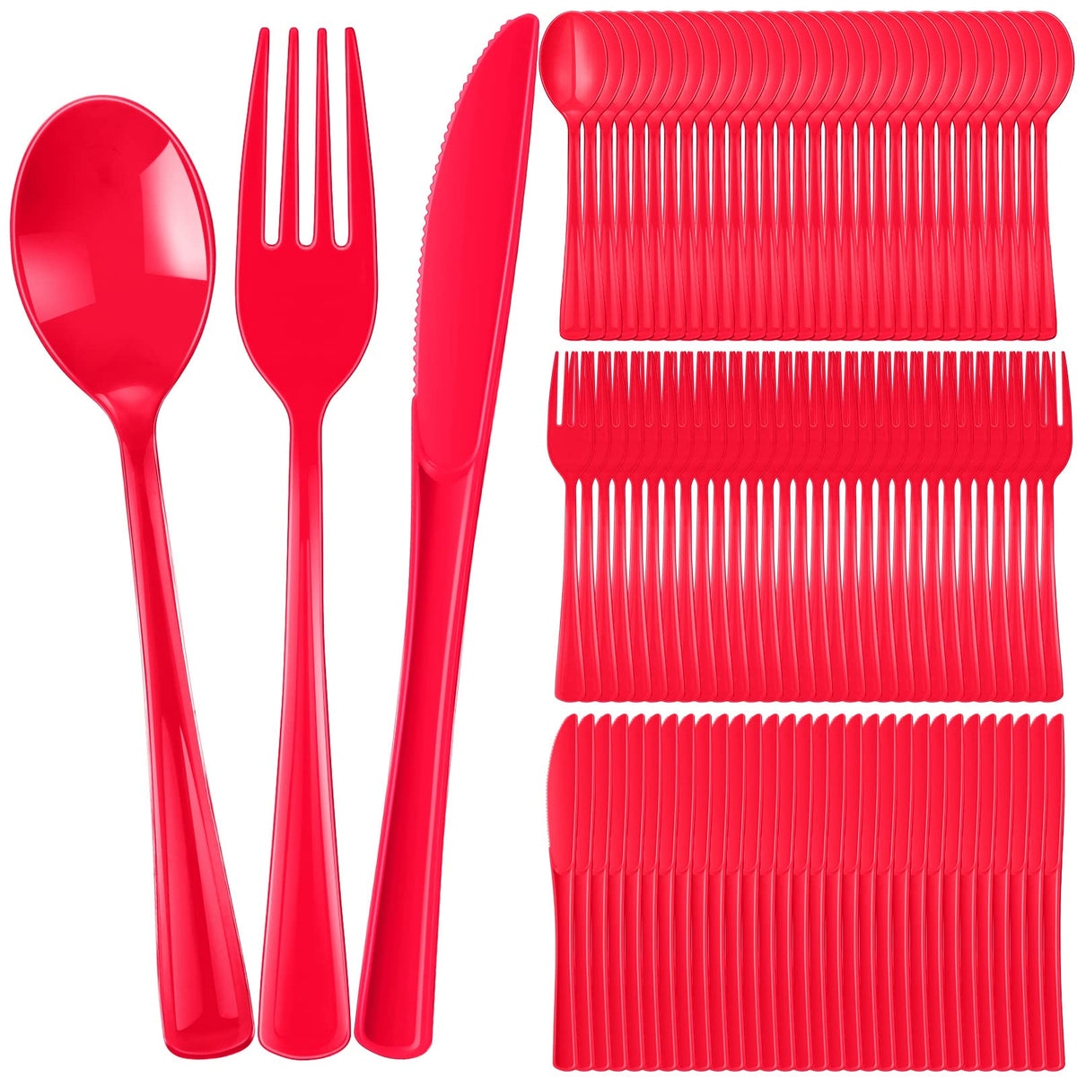 300 Pcs Plastic Silverware Heavy Duty Cutlery Set Plastic Utensils Set Includes 100 Disposable Spoons 100 Forks Knives for Parties Catering Family Gathering(Red)