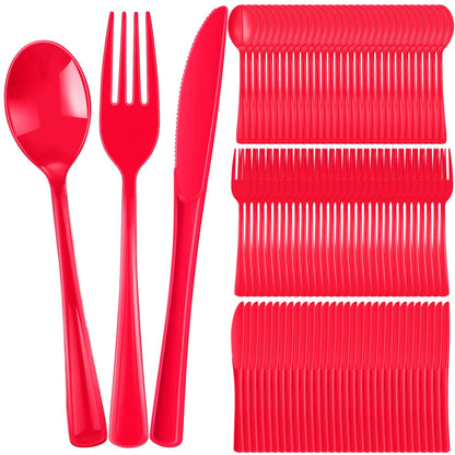 300 Pcs Plastic Silverware Heavy Duty Cutlery Set Plastic Utensils Set Includes 100 Disposable Spoons 100 Forks Knives for Parties Catering Family Gathering(Red)