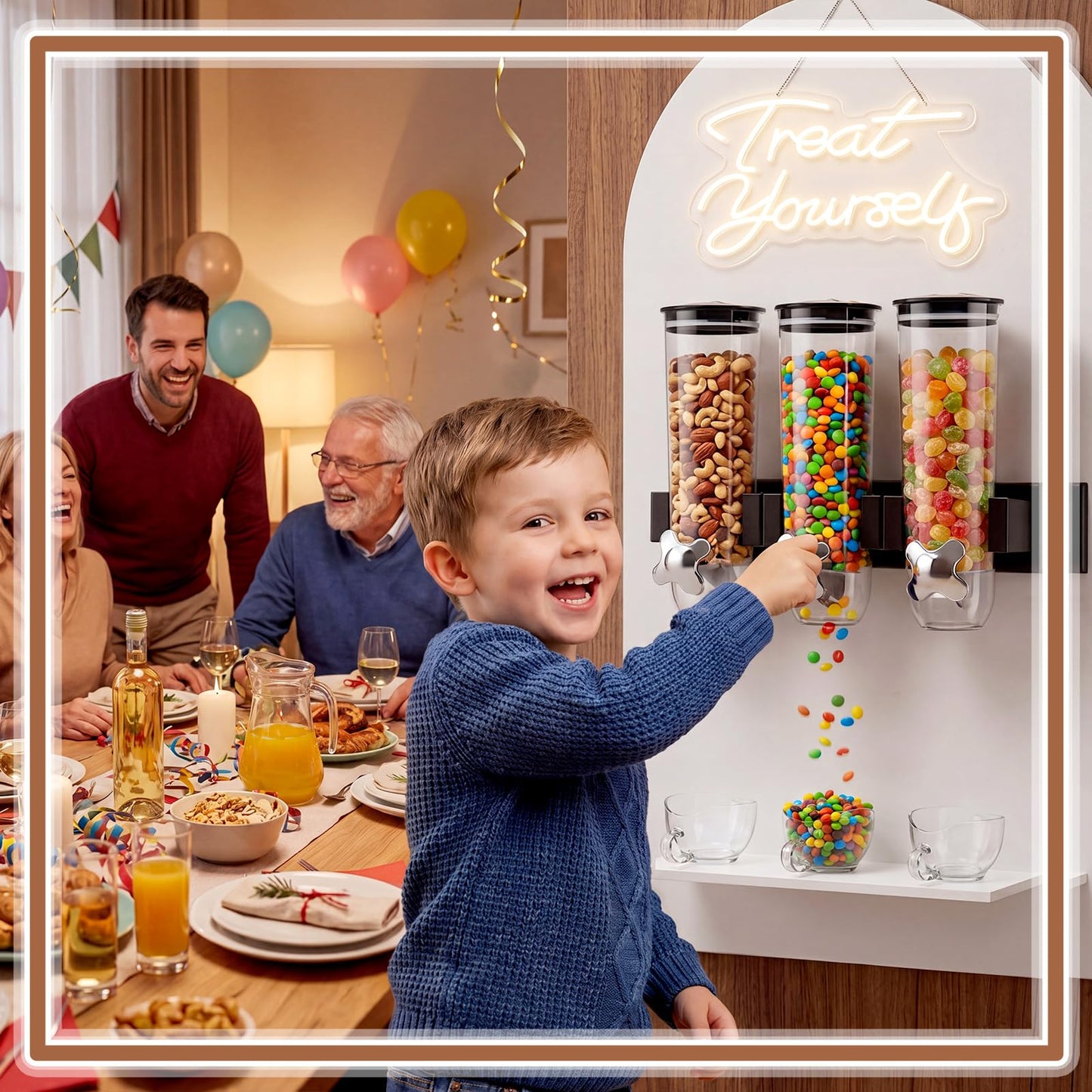 Lounsweer 9 Pcs Wall Mounted Cereal Dispenser with 1pcs Treat Yourself Neon Signs 13.5 L Candy Machine Grain Dispenser Neon Snack Sign Wall Mount for Home Kitchen Food Store Birthday Gift Party Decor