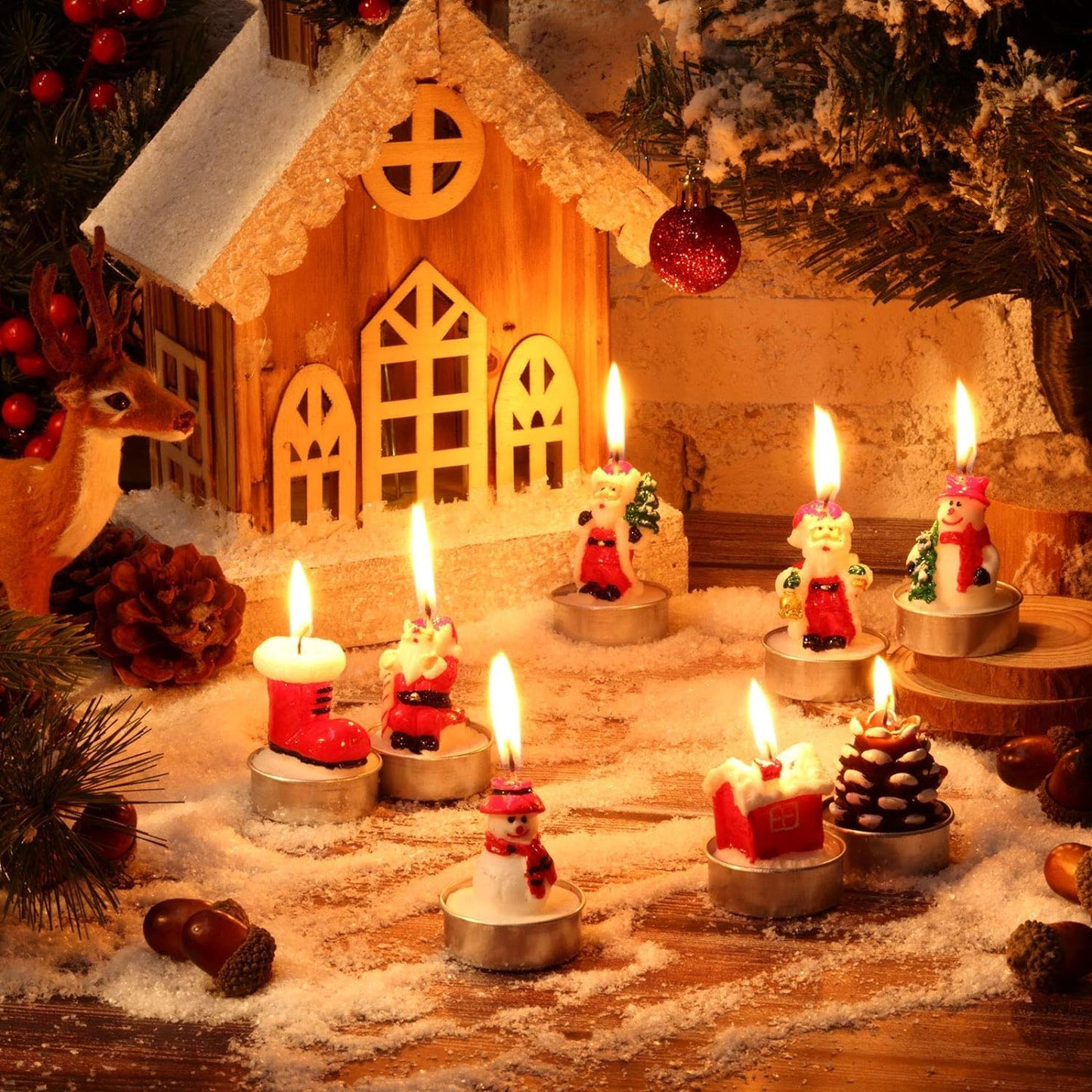 3 Pieces Tealight Candles Handmade Delicate Santa Hat Claus Christmas Tree Candle Wax Snowman Elk Pinecone House Candles for Party Wedding Spa HomeChristmas Decoration