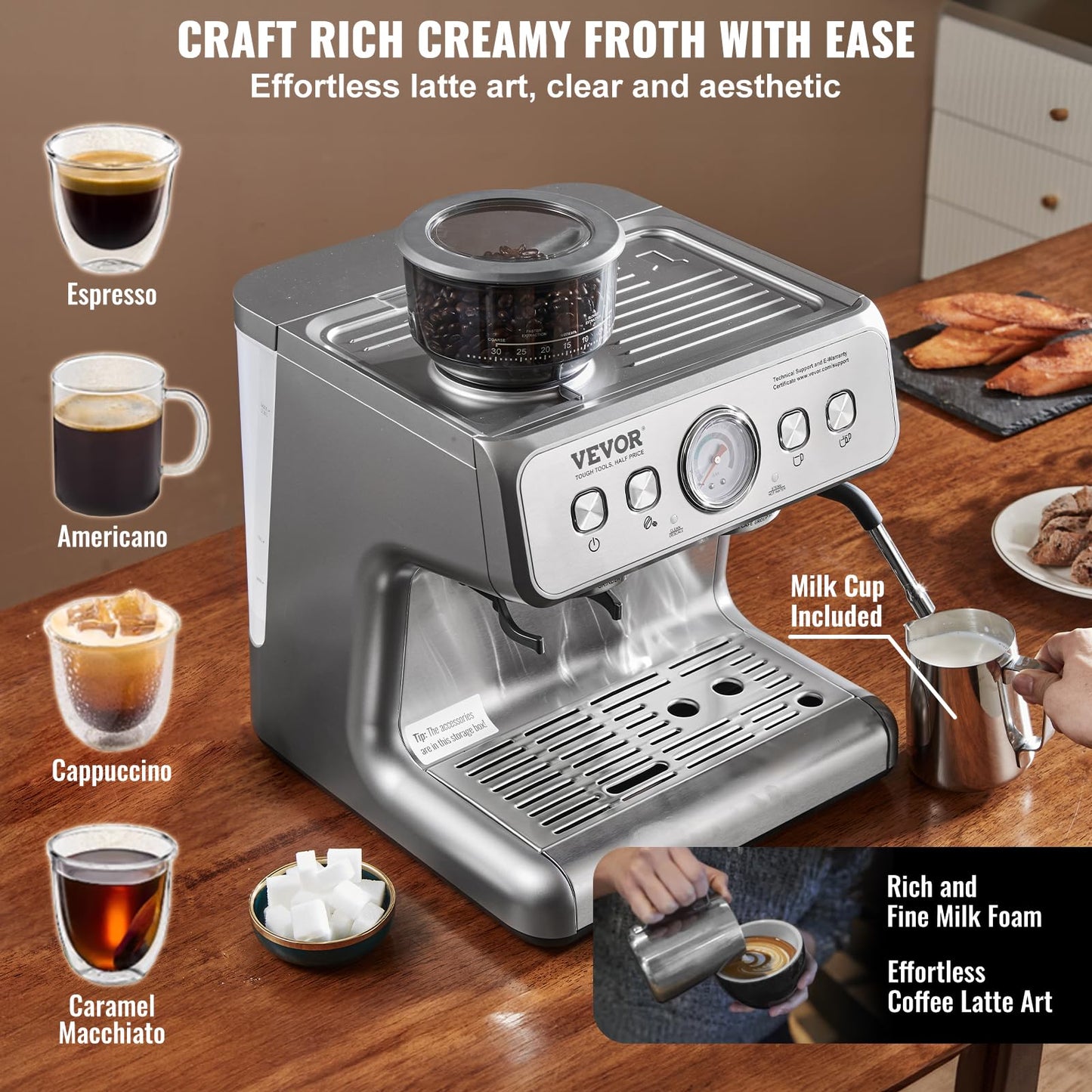 VEVOR Espresso Machine Built-in Grinder, 15 Bar Semi-Automatic Espresso Coffee Maker with Milk Frother Steam Wand, PID Control System for Cappuccino, Latte, Machiato