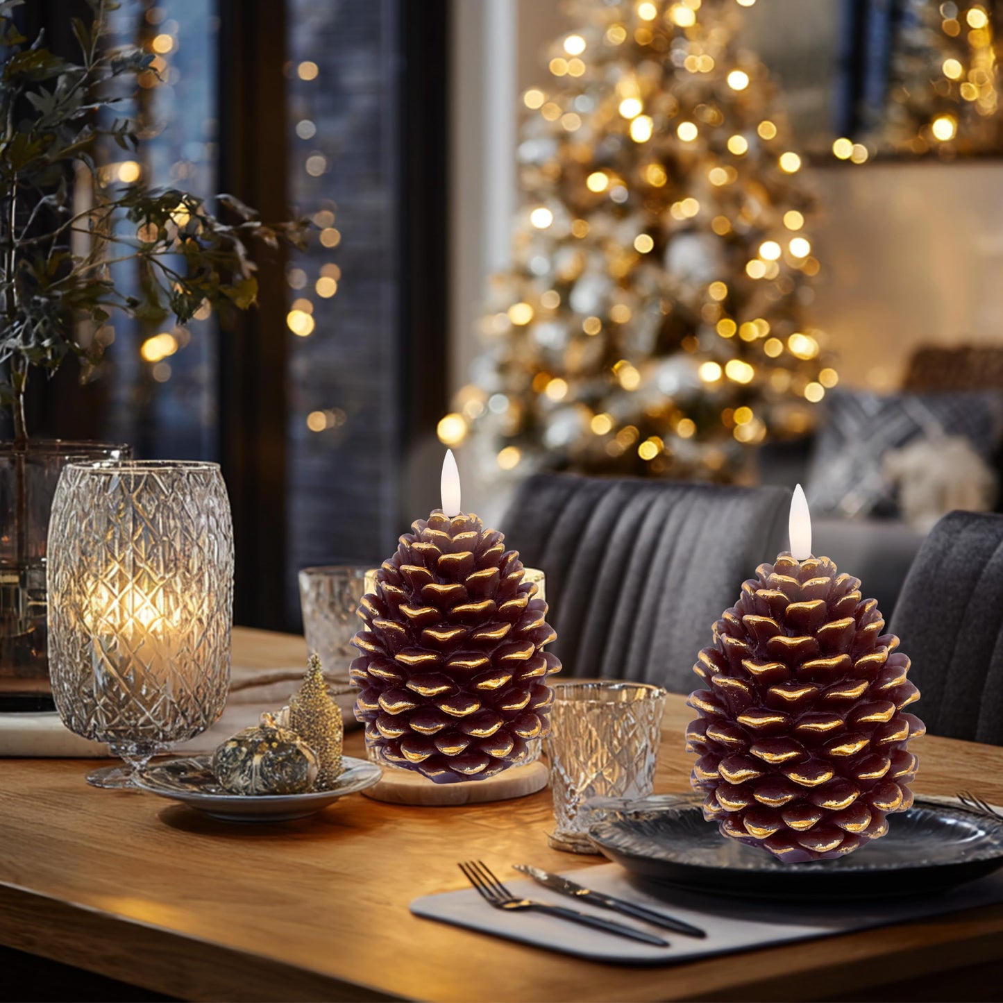 AXYLEX Pine Cone Candles Battery Operated, Pinecones with Remote and Timer, LED Flameless Real Wax Flickering Candle for Christmas Decor. H 5.5 Inch, Pack of 2 (Golden-Brown)