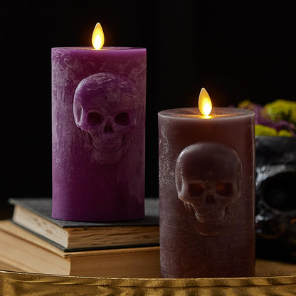 Luminara Chalky Skull LED Candle, Imperial Purple, Moving Flame, Gothic Halloween Decor, Battery Operated Flameless Unscented Wax Timer Indoor