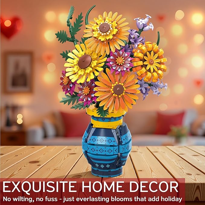 Sunflower Bouquet Building Blocks w/ Vase Set 1065 PCS Botanical Collection Birthday Gifts for Mom Women Grandma Adult Her Mother's Day Artificial Flower Home Decor Stocking Stuffers for Teen Girls