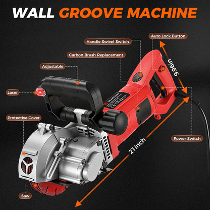 4200W Professional Electric Wall Chaser, Max 1.65"W & 1.6"D, 5" Wall Grooving Machine & Concrete Cutter, 110V Dust-Free Tool Kit with Pump, 5 Blades & Vacuum Adapters, UL Listed