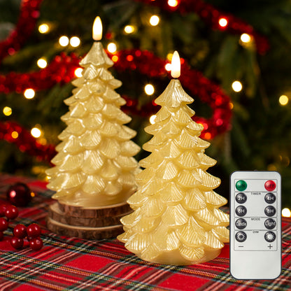 LUSHARBOR Flameless Candles with Remote Timer, 2 Pack Christmas Tree Candles Battery Operated LED Candles Real Wax Holiday Christmas Decoration for Bedroom Party Festival Gift Gold