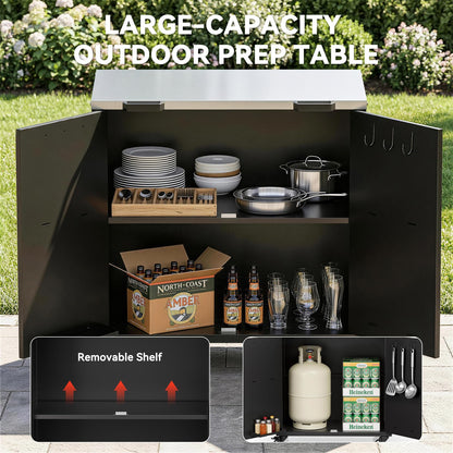 ADREAK Outdoor Grill Table, Movable Grill Cart with Door, Outdoor Grill Stand with Large Capacity ＆ Hooks, 2 Tier Pizza Oven Table for Outdoor Use