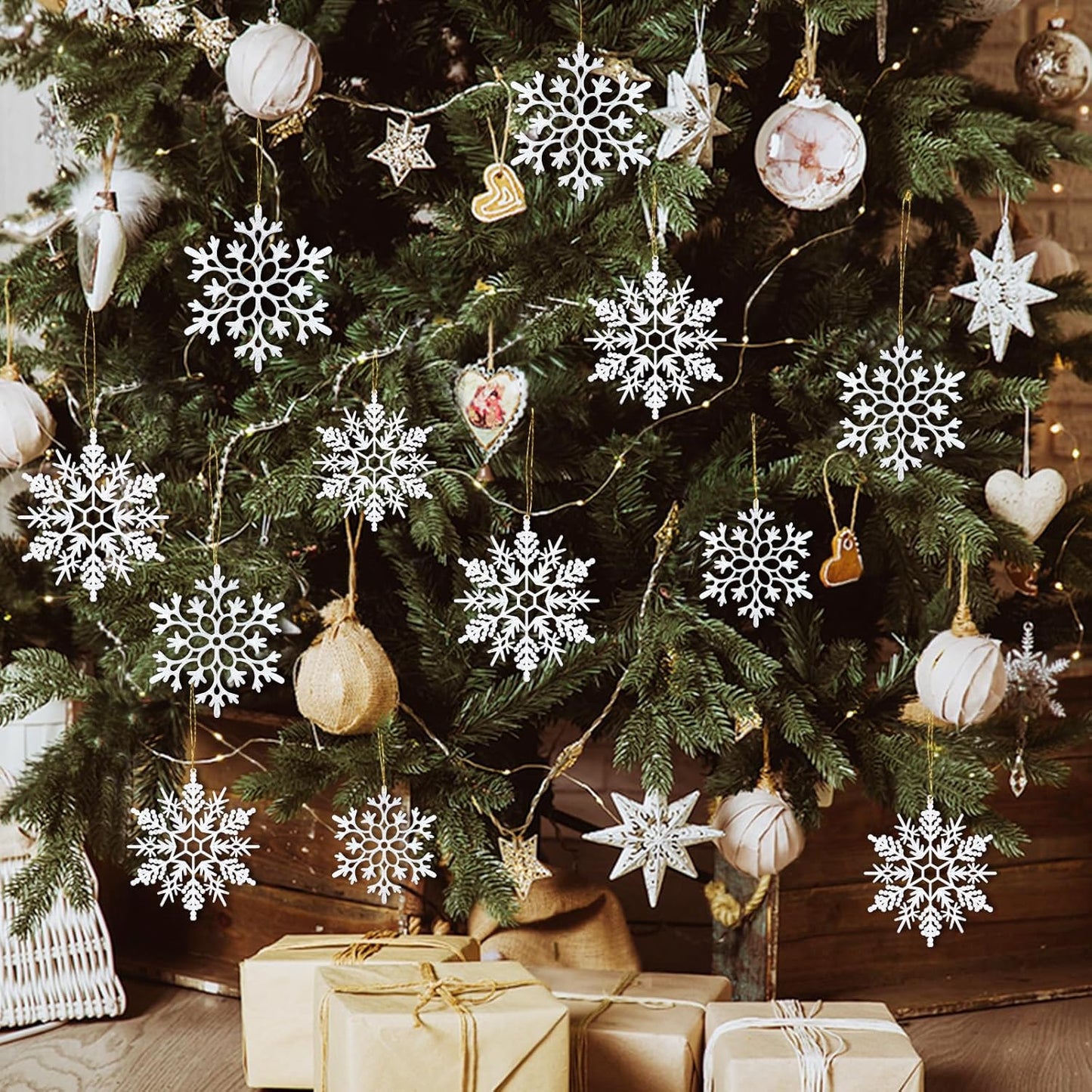 Miucat White Snowflake Ornaments - 42pcs Glittering Christmas Tree Decorations | Festive Hanging Decor