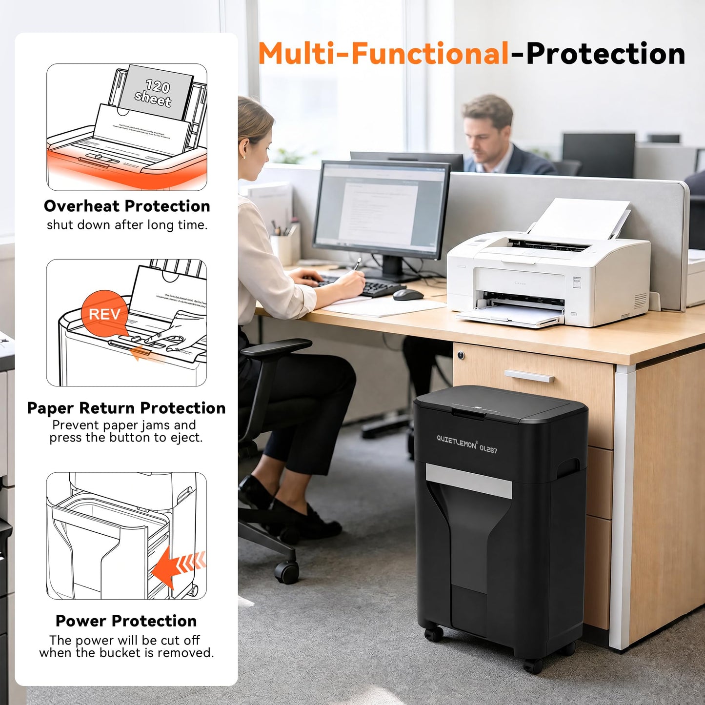 QUIETLEMON 120-Sheet Auto Feed Paper Shredder, 40 Min Non-Stop, Shredders for Home Office Heavy Duty, P-4 Ultra Security Shredder for Home Office, Cross-Cut with Wheels, 5.28 Gal Bin, <63 dB (OL287)