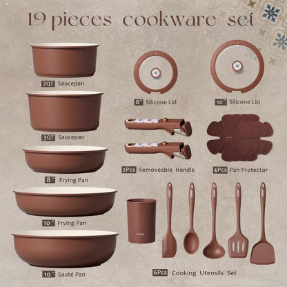 CAROTE 19Pcs Ceramic Cookware Set, Pots and Pans Set Non stick, Non Toxic Cookware Detachable Handle, Kitchen Cooking Set - Induction Cookware, Dishwasher/Oven Safe, PFAS Free, Chocolate