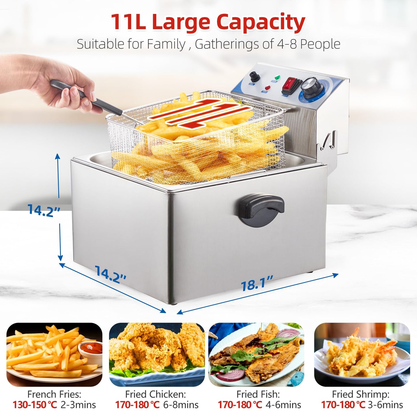 PULLAFUN Commercial Deep Fryer Countertop Stainless Steel 11L Electric Deep Fryer with Temperature Control Single Large Tank French Fries Restaurant Home Kitchen
