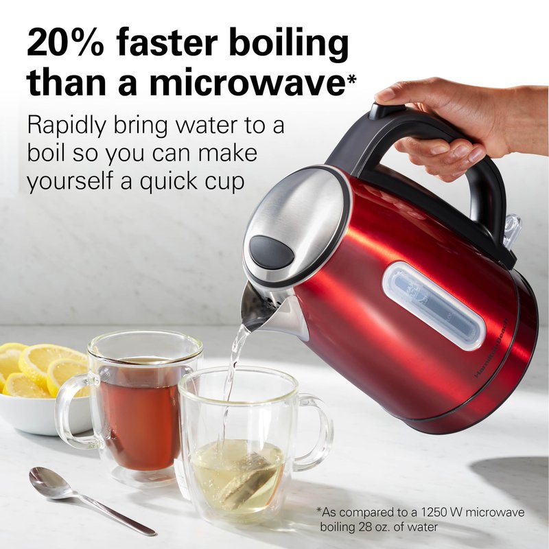 Hamilton Beach Electric Tea Kettle, Water Boiler & Heater, 1.7 Liter, Cordless Serving, 1500 Watts for Fast Boiling, Auto-Shutoff and Boil-Dry Protection, Red with LED Light Ring (41060)