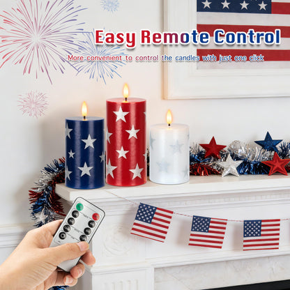 4th of July Flameless Pillar Candles with Remote, 250th Anniversary Patriotic Red White and Blue Battery Operated Candle with Star Sticker, Independence Day Decorations for Home Party Table Fireplace