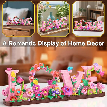 Love and Flowers Building Set for Adults 791 PCS Letter Brick Art Pink Flower Blocks for Home Décor Gift for Kids Birthday Valentine’s Day Mother's Day Confessing Love for Her or Him