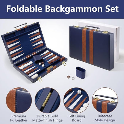 15 inch Backgammon Sets for Adults - Classic Board Game with Premium Sea Blue Leather Case - Travel Backgammon Set for 2 Players - Portable Strategy Board Games for Gifts &amp Family Fun