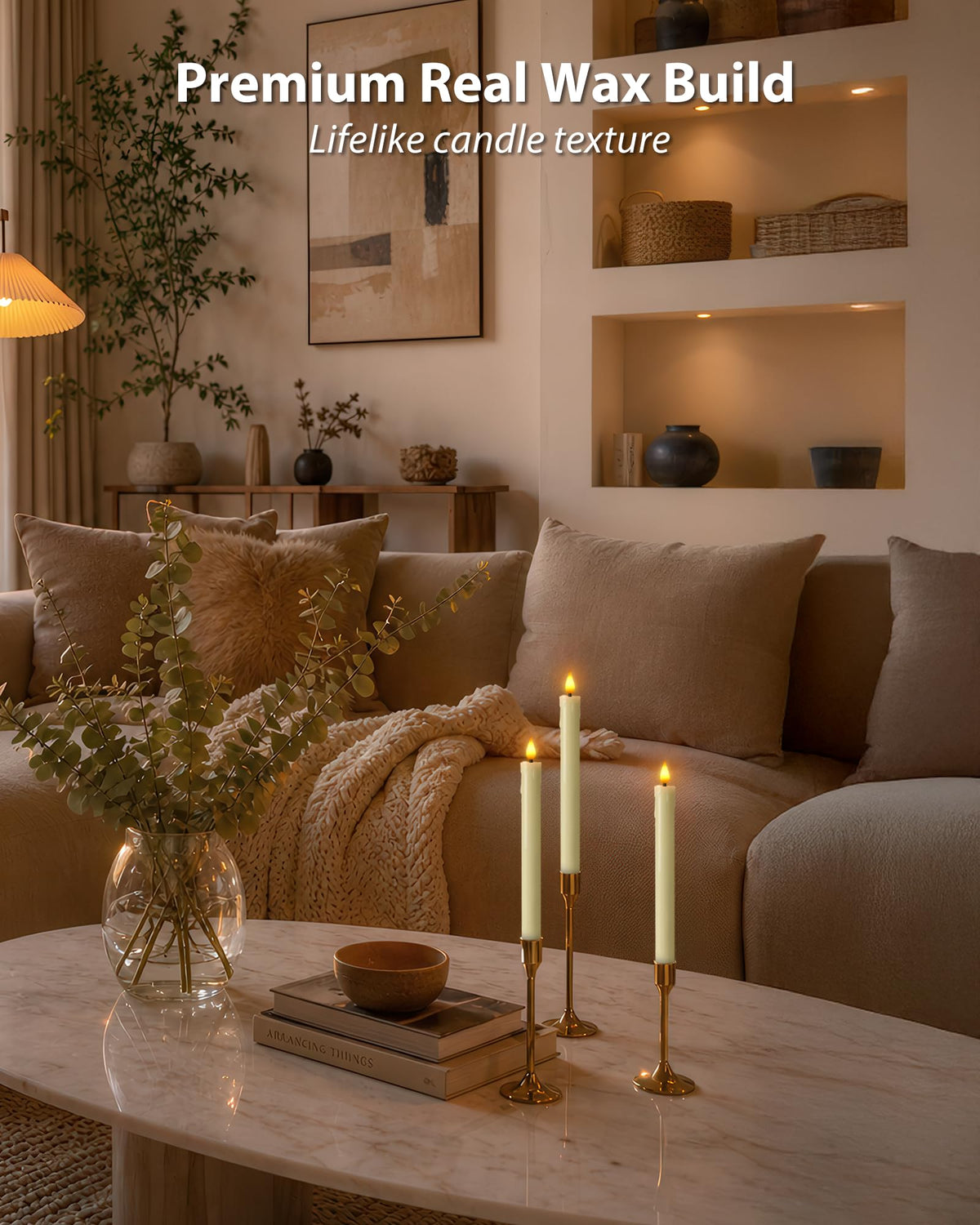 Homemory Rechargeable Waxy Flameless Taper Candles, 9.6 Inches LED Candle Sticks Flickering, Window Candles with Remote Timer Dimmer for Christmas Wedding Home Decor, Ivory, 6 Pcs