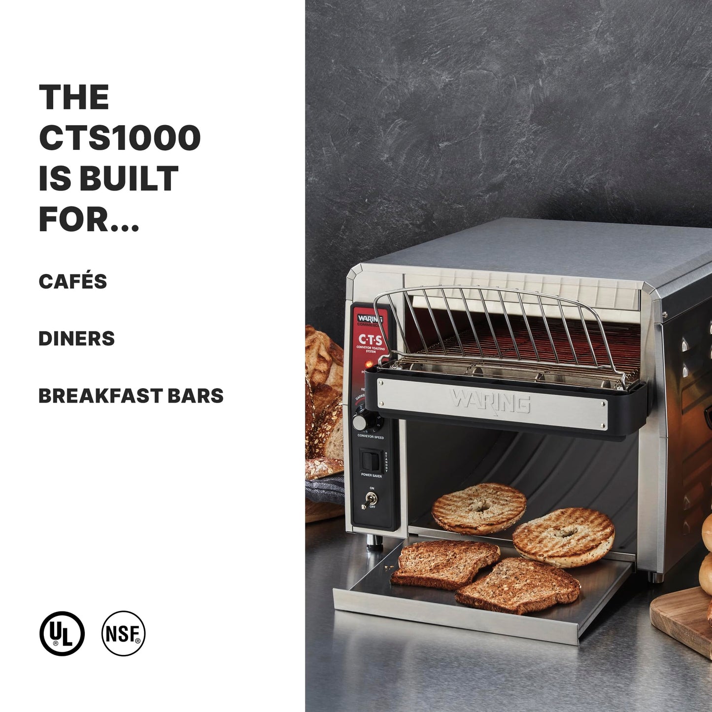 Waring Commercial Heavy-Duty Conveyor Toaster, 450 Slices per Hour, Stainless Steel Construction, for Cafes & Restaurants, NSF Certified, 120V, CTS1000
