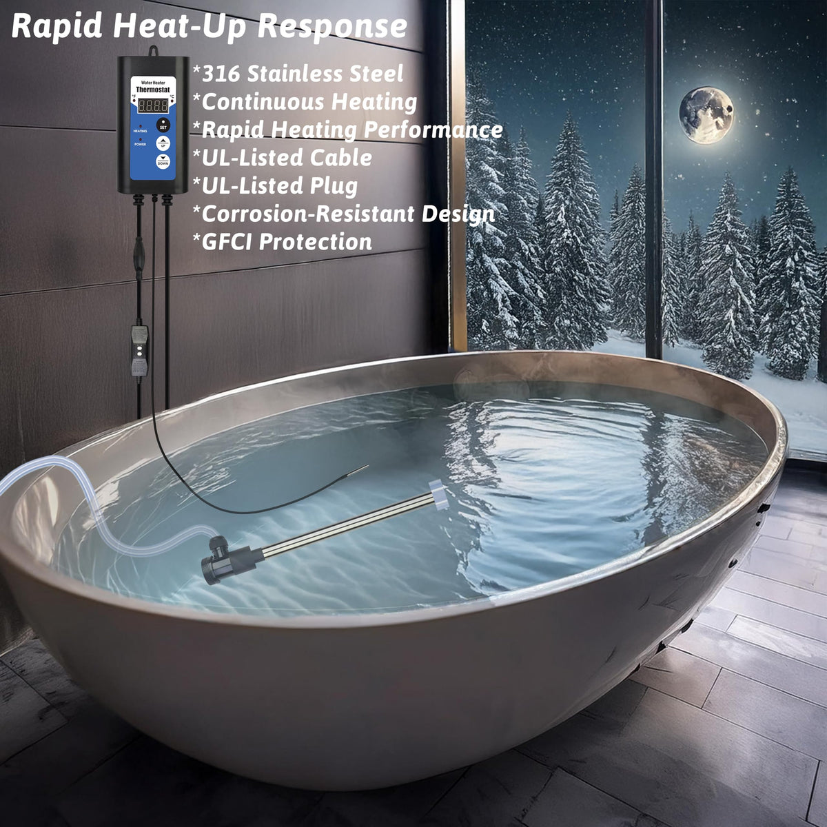 XCLBTFDC 1500W Submersible Water Heater Portable Electric Pool and Hot Tub Immersion Water Heater with Temp Control, WiFi Timer for Bathtub, Spa, Swimming pool, above ground pool and Inflatable Pool