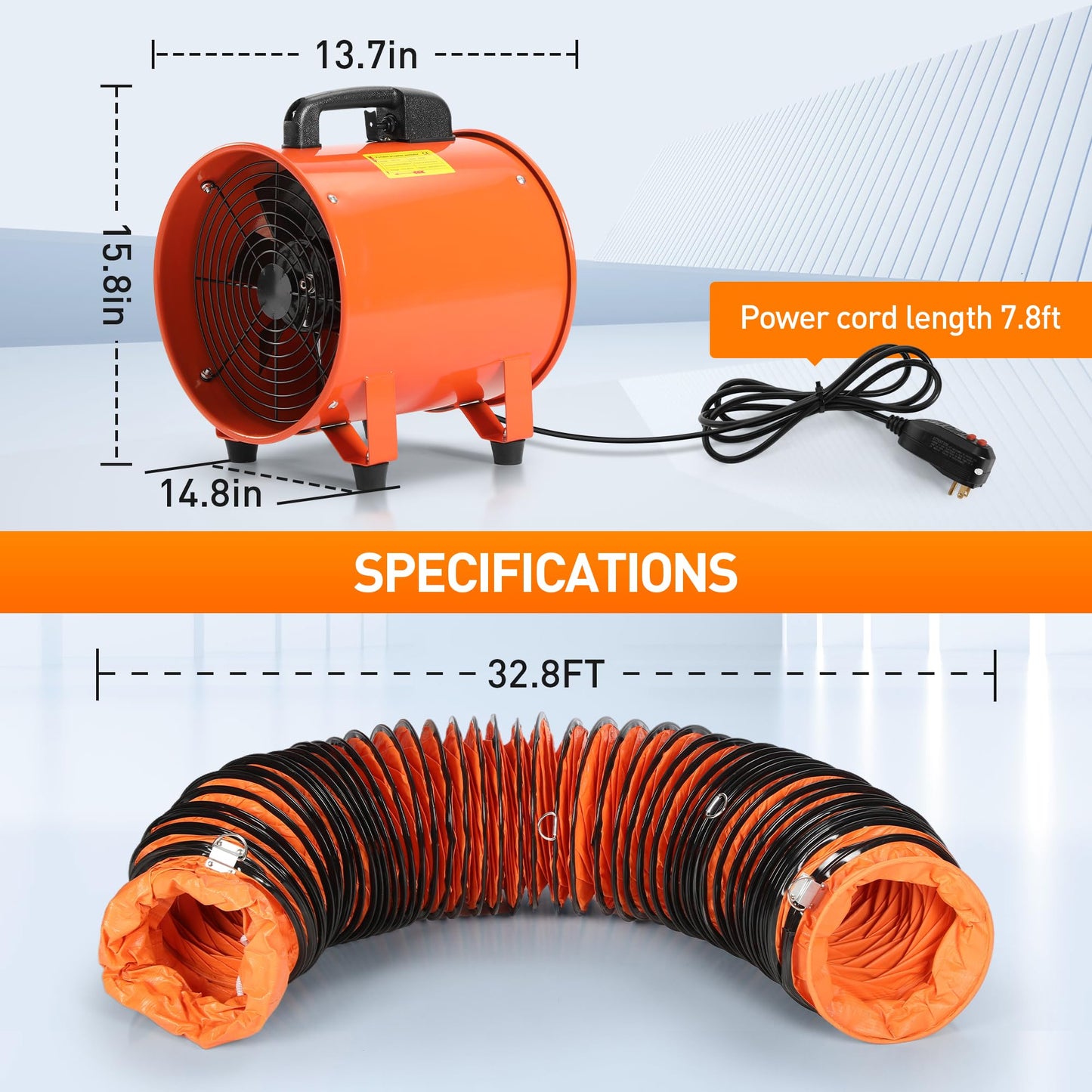 Rengue 12 Inch Utility Blower/Exhaust Fan with 32.8ft Duct Hose, 1900 or 2800r/min Two Modes Heavy Duty Ventilation Fan, High Velocity Extraction and Ventilation with Flexible PVC Hose