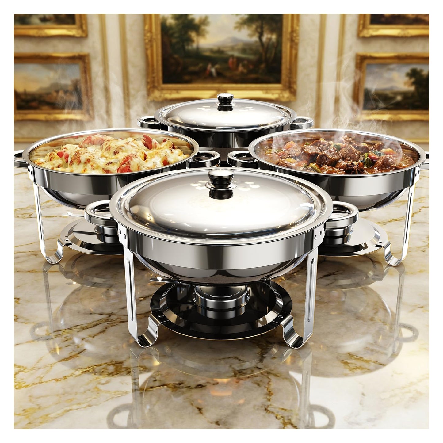 Chafing Dishes for Buffet 4 Pack, 5QT Round Stainless Steel Chafing Dish Set Food Pan with Lid, Buffet Warmers Sets for Home, Gatherings, Birthday, Parties, Church Events,Catering Events