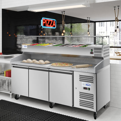 KoolMore 79 in. Three-Door Commercial Granite Top Pizza Prep Refrigerator with Refrigerated Condiment Pan Holder in Stainless-Steel (KM-RPCPS-2D79-GRT)