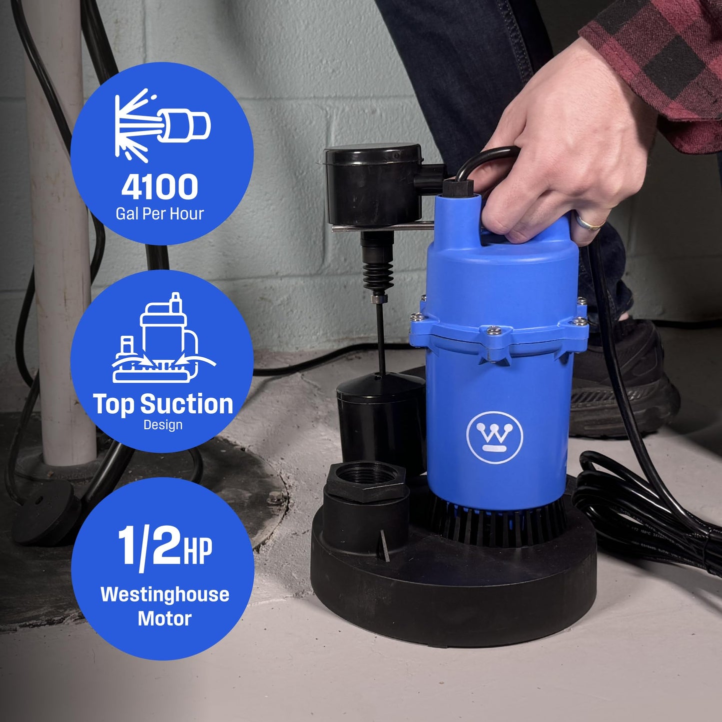 Westinghouse Sump Pump 1/2 HP 69 GPM Submersible Water Pump Automatic Vertical Float Switch Heavy Duty Basement Crawl Space Flood Removal Pump High Flow Water Drainage