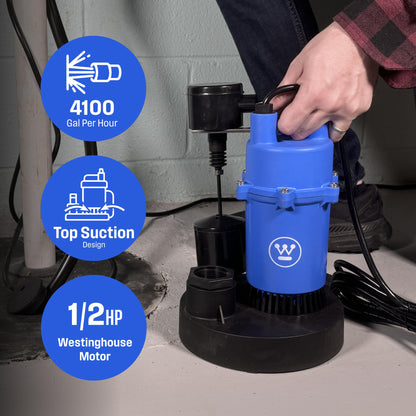 Westinghouse Sump Pump 1/2 HP 69 GPM Submersible Water Pump Automatic Vertical Float Switch Heavy Duty Basement Crawl Space Flood Removal Pump High Flow Water Drainage