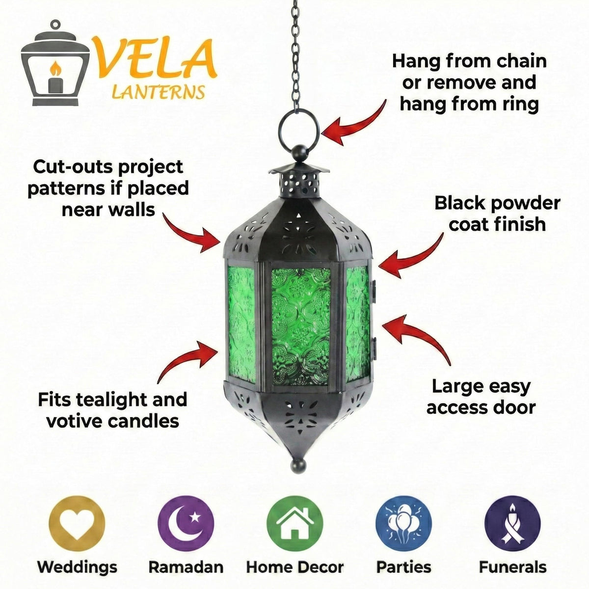 Vela Lanterns Hanging Moroccan Lamp - Exotic Decorative Patio & Porch Decor, Indoor Outdoor Tea Light Candle Lantern Holder with Chain (11" Medium, Green Glass, 2-Pack)