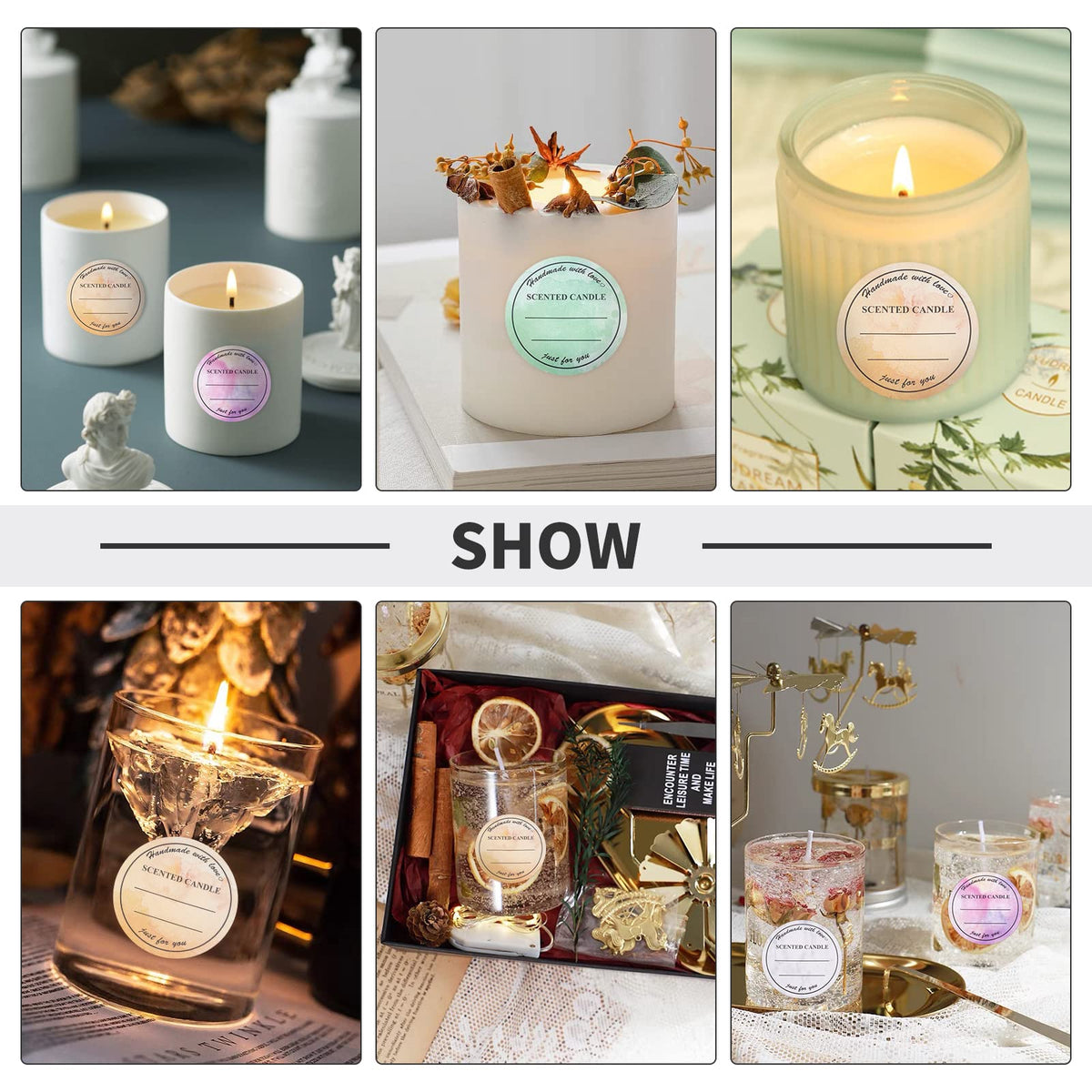 PH PandaHall 2 Inch Candle Stickers, 500pcs Waterproof Scented Candle Labels 4 Colors Handmade Candle Jar Stickers Self Adheisive Candle Labels for Candle Tins, Candle Boxes Packaging