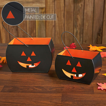 VHC Brands Metal Tealight Holders Trick Or Treat Black Set of 2, Kitchen Dining Table Candle Holder, Pumpkin Decor for Fall and Halloween
