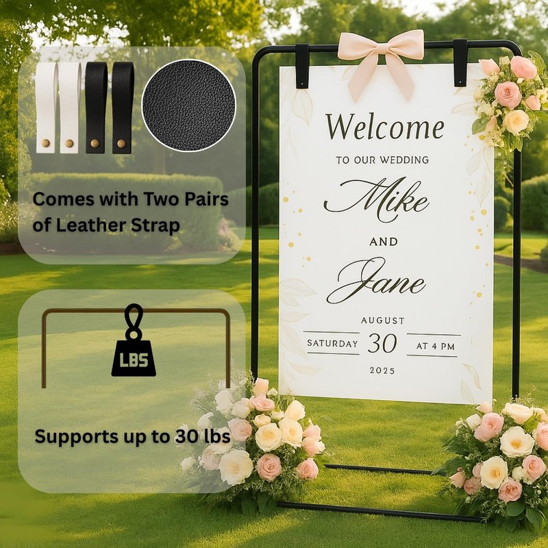 Merrifete Welcome Sign Stand, Adjustable Sign Holder Stand w/ Poster Design Templates & Leather Straps, Heavy Duty Metal Easel for Wedding, Bridal Shower, Birthday Party, Baby Shower, 68" x 30" x 20"