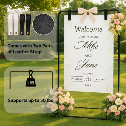 Merrifete Welcome Sign Stand, Adjustable Sign Holder Stand w/ Poster Design Templates & Leather Straps, Heavy Duty Metal Easel for Wedding, Bridal Shower, Birthday Party, Baby Shower, 68" x 30" x 20"