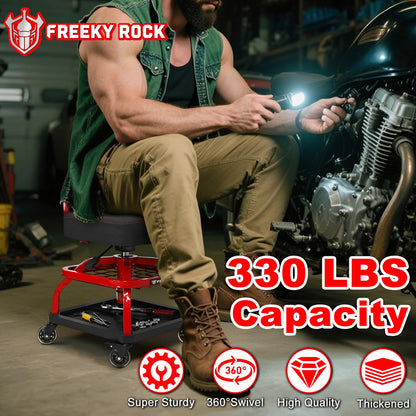 FREEKYROCK Rolling Shop Stool with Wheels, Garage Mechanic Shop Chair with Handle Backrest, Adjustable Height Work Stool, Roller Seat with Tool Tray Storage, Heavy Duty, 330 LBS Capacity, Red