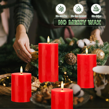 AFINETH Red Flameless Pillar Candles, Battery Operated Wax Candles with Remote, Flat Top Flickering Christmas LED Candle Decorations for Xmas, Home, Party Decor, Set of 4
