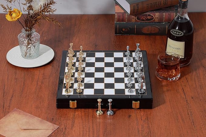 Metal Chess Set for Adults &amp Kids Zinc Alloy Chess Pieces with Marbled Chess Board 11.5 Inch Travel Chess Set with Two Extra Queens Classic Strategy Board Game for Beginners Professionals