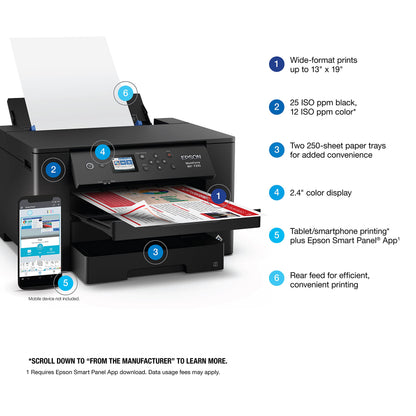 Epson Workforce Pro WF-7310 Wireless Wide-Format Printer with Print up to 13" x 19" Auto Double-Sided Printing max 11" x 17", 500-sheet Capacity, 2.4" Color Display, Smart Panel App - Black