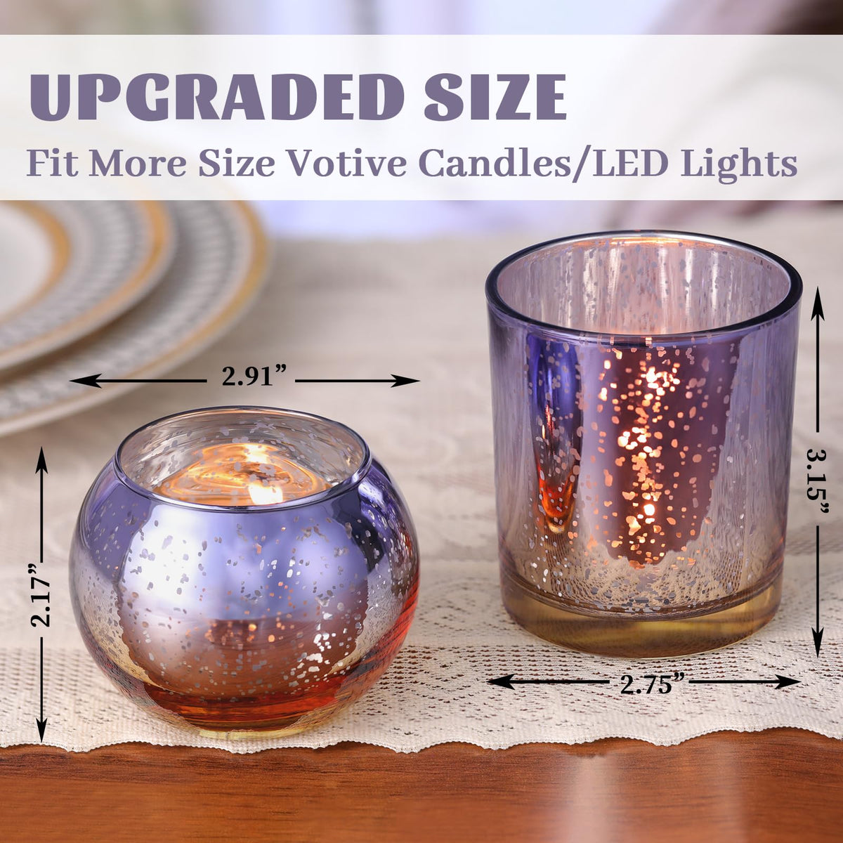 Volens 30pcs Assorted Purple Votive Candle Holders Bulk, Large Mercury Glass Votive for Wedding Table Centerpieces, Purple and Gold Themed Party Decorations and Home Decor