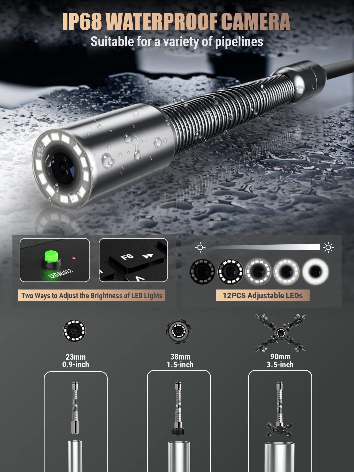 Anysun All-in-1 Sewer Camera - 512Hz, Distance Counter, Self-Leveling, 1-Touch Video/Audio, 165Ft Pipe Inspection Camera with 9" 1080P Screen, IP68 Industrial Borescope, 16GB